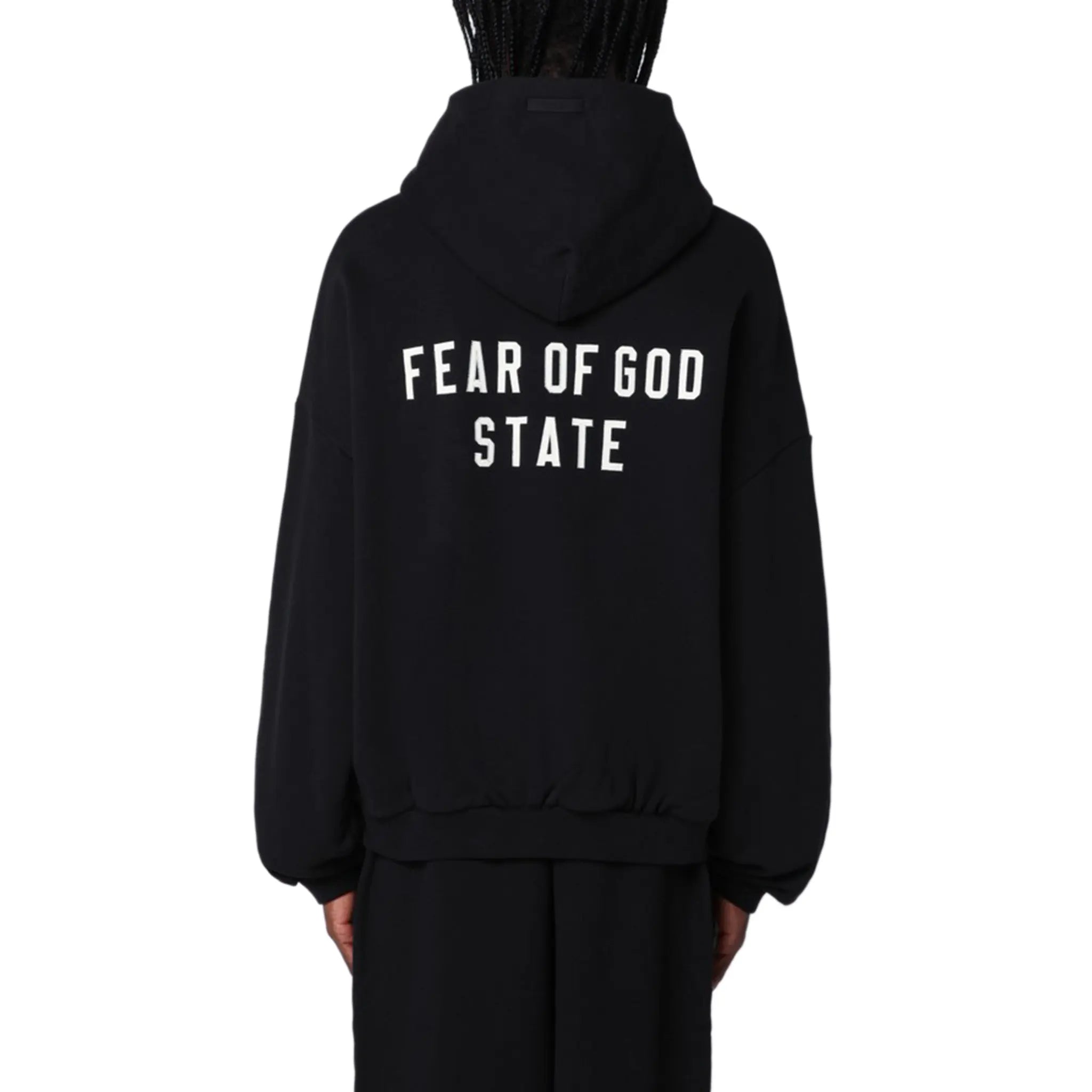 Back View of Fear Of God Essentials Heavy Fleece Black Zip-Up Hoodie (FW24) 192BT246240F